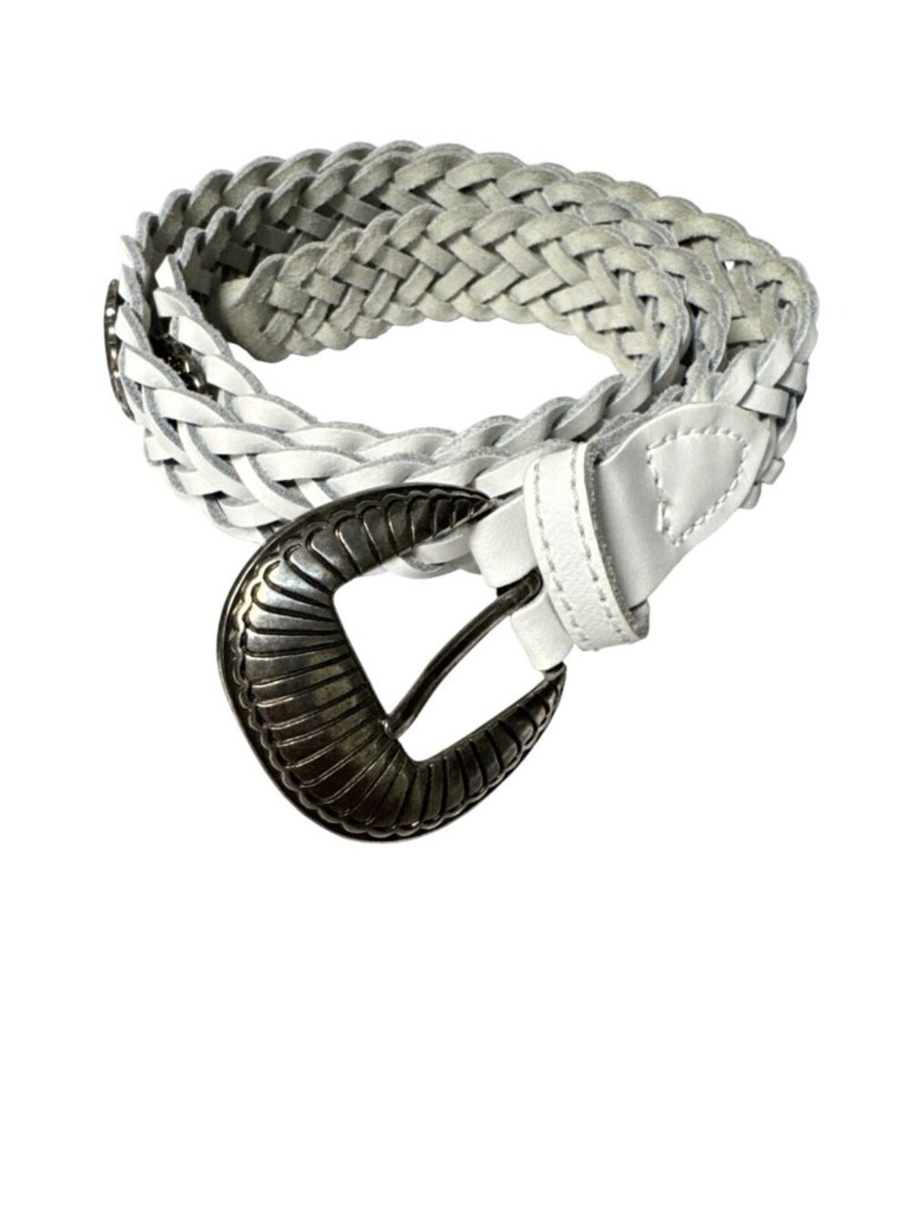 Braided White Leather Belt With Silver Western Buckle Genuine Leather ML Made In